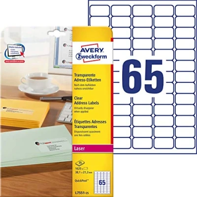 Immagine di Avery Zweckform L7551 25 Confezione da 1625 etichette adesive per indirizzi su fogli, dimensioni: 38 x 21,2 mm, colore: trasparente