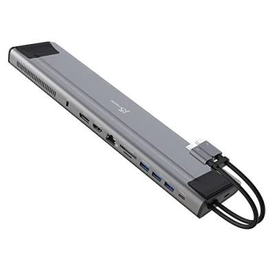 Immagine di j5create USB C Dual 4K 60Hz Display Docking Station (12 in 1), alloggiamento SSD M.2 NVMe integrato, HDMI, DisplayPort, A 10Gbps, lettore di schede, PD 100W, per Mac Pro, laptop Windows (JCD552)