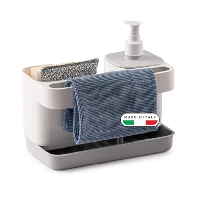 Immagine di Snips Riordinello Dispenser Sapone con Porta Spugna Colore Bianco Grigio Spugne Dosatore 21 x 12 18 cm Plastica Riciclata Made in Italy