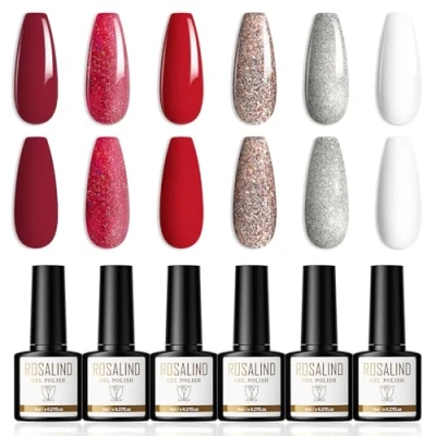 Immagine di ROSALIND Smalto Semipermanente 6 Colori UV/LED Smalti Semipermanenti per Unghie Rosso Oro Argento Glitter Soak Off Gel Nail Polish, 8ml