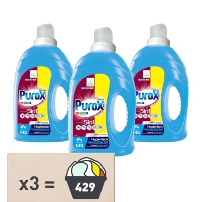 Immagine di PUROX UNIVERSAL Detersivo Liquido Lavatrice (143 Lavaggi x 3) Gel per tessuti colorati e bianchi, detergente in HDPE 4,3 l 3 Pezzi
