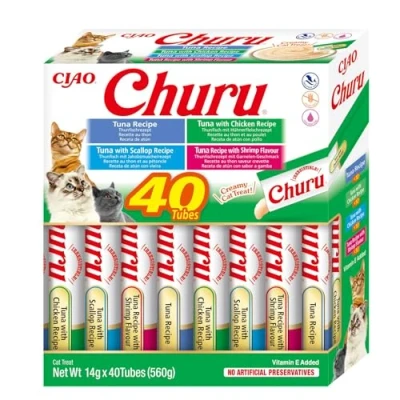 Immagine di INABA Churu Snack per Gatti Cremoso in 4 Varietà al Tonno e Frutti di Mare 40 Stick x 14g Cibo da Leccare, Sano Delizioso Gatto Senza Conservanti o Coloranti Artificiali