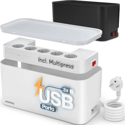Immagine di ACROPAQ Scatola nascondi cavi con ciabatta multipresa 8 in 1 porta multipresa, 5 Prese, 3 USB A, cavo 2M Bianca 30 x 14 cm