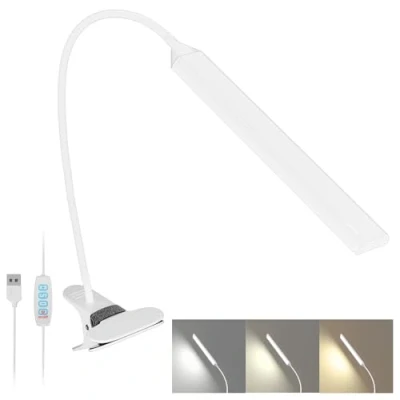 Immagine di LUTW Lampada con Pinza, 66 LED 3 Colore 10 Luminosità Dimmerabili da Scrivania Ricaricabile, 360 Rotante Cigno Collo Lettura Per Comodino Ufficio Tavolo Lettura, Bianco
