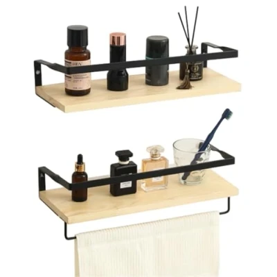 Immagine di Gio Arreda Mensole da Muro Design Moderne, Set 2 Pezzi in Legno con Portasciugamani e Ganci, Sospesa Parete Rustico per Cucina, Bagno, Salotto, Ufficio (Legno)