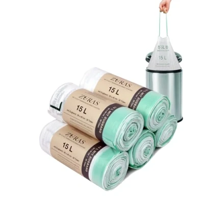 Immagine di ZURAS® 15 litri con coulisse 150 contenitori biodegradabili e compostabili, certificati testati DIN EN 13432, resistenti allo strappo all&#039;acqua