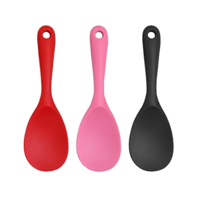Immagine di 3 cucchiai da cucina in silicone, di riso cucchiaio portata, silicone nero con testa rotonda, manico lungo, utensili (rosa, nero,