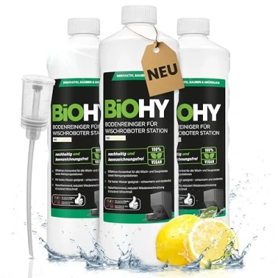 Immagine di BiOHY detergente per pavimenti robot, stazione con profumo fresco (3 x 1 litro) + dosatore, concentrato tutti i robot pulitore e aspirapolvere funzione bagnata, braccio di