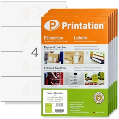 Immagine di Printation Etichette 210 x 74 mm autoadesive bianche da stampare 2000 adesivi 1x4 210x74 su 500 fogli DIN A4 adesive 8405 DATAPRINT VDA ODETTE