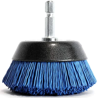 Immagine di S&amp;R Spazzola Abrasiva a Tazza per Trapano in Nylon MORBIDA pulire e lucidare Legno Ferro Metalli Acciaio Fughe Piastrelle Pavimenti. Codolo esagonale 1/4&quot; (6,35 mm)