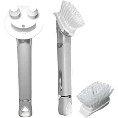 Immagine di The Original Smiling Maniglia per erogazione di sapone con manico spugna Scrub Daddy e Smilyeez Dishwand (combinazione bianca bianca/grigia)