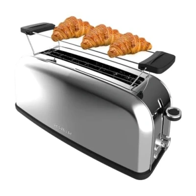 Immagine di Cecotec Tostapane verticale Toastin&#039; time 850 Inox Long, 850W, Doppia fessura lunga e larga 3,8 cm, Barre superiori, Acciaio Inossidabile, Spegnimento Pop up Automatico, Raccogli briciole