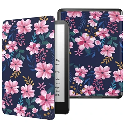 Immagine di MoKo Custodia per Kindle Paperwhite 11ª Generazione (Modello 2021)，Schermo da 6,8&quot;, Protettiva in Policarbonato di Stile Semplice e Elegante, Blu &amp; Rosa Fiori