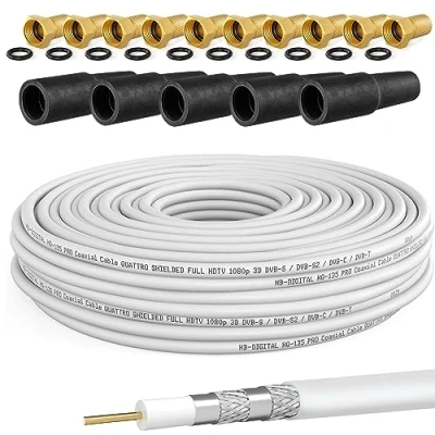 Immagine di cavo coassiale da 130dB HB DIGITAL, satellitare con connettori F dorati e beccucci di protezione, per ricezione satellitare, schermatura 130 dB, ottima HDTV, 3d, Full HD, Ultra HD 4 K2 K, UHDTV