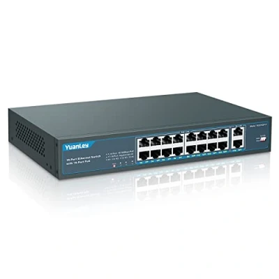 Immagine di YuanLey 18 Port PoE Switch, 16 PoE+ 100Mbps, 2 Uplink Gigabit, 250W Potenza Integrata, 802.3af/at, Plug and Play Non Gestito Montato su Rack