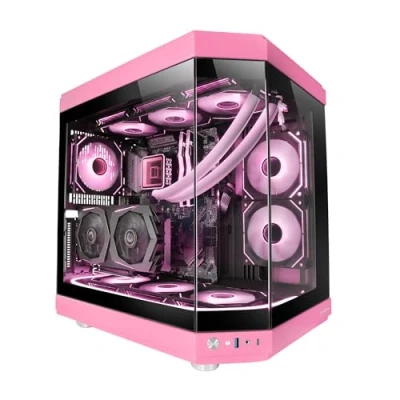 Immagine di Mars Gaming MC 3T, Case Custom ATX, Vetro Temperato Continuo Tripla Finestra, Supporto Raffreddamento Liquido Completo, Doppia Camera Laterale, 3x Slot PCI Verticali, USB C e 3.0, Rosa