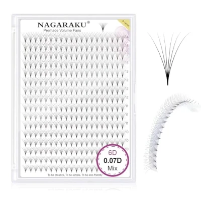 Immagine di NAGARAKU 6D Volume Ciglia Extension 320 Fans Prefabbricate Gambo Lungo Ventagli Base Sottile A Punta Finte Ciuffetti Fluffy Soffici Naturali Premade Nere 16 Righe Box XL(0.07 D 9 14mm)