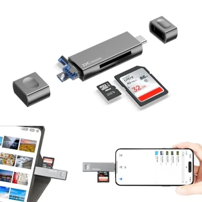Immagine di JJC Metal USB 3.0 Lettore di Schede SD per iPhone 15 Pro Max Plus, Esterno 3 in 1 Micro 2.0 C SDHC SDXC TF UHS I (Grigio)