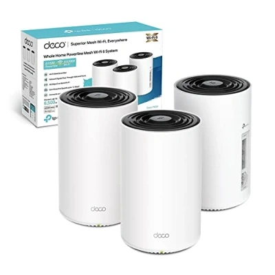 Immagine di TP Link Set mesh WLAN Deco PX50 Powerline (pacchetto di 3), Wi Fi 6 dual band AX3000+ G.hn G1500, portata fino a 600 m², ideale per ambienti grandi dimensioni e pareti spesse, WPA3, bianco