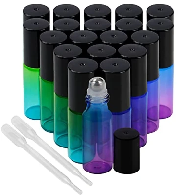 Immagine di BELLE VOUS Set da 20 Bottigline Vetro Piccole Roll On Blu/Verde con Contagocce di Vuoto per Oli Essenziali e Aromaterapia 5 ml Palline in Acciaio Inossidabile Coperchio Nero