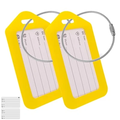 Immagine di Etichette per bagagli di alta qualità, con targhetta indirizzo, 2 pezzi, in colore giallo, plastica rigida, viaggi aereo, crociera, ecc