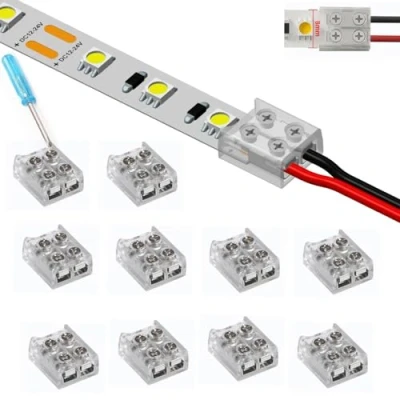Immagine di YUTOKEER Connettori per strisce LED, 2 poli, 8 mm, senza saldatura, LED a tinta unita 5050 3528, monocolore, rapida e semplice collegamento filo, con cacciavite, confezione