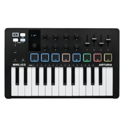 Immagine di Arturia MiniLab 3 Controller MIDI universale per la produzione musicale, con pacchetto software completo 25 tasti, 8 pad multicolori Nero