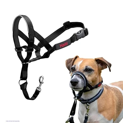 Immagine di Collare a cavezza HALTI per impedire che il cane tiri guinzaglio, regolabile, leggero, con fascia muso imbottita. anti trazione l’addestramento di cani piccoli (Taglia 0, Nero)