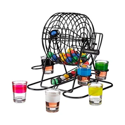 Immagine di relaxdays Tombola Automatica Alcolica, Pallottoliere Manico e Supporto, 6 Bicchierini, 48 Palline, Alcol, colorato Unisex Adulto, Multicolore, 1 Gioco Completo