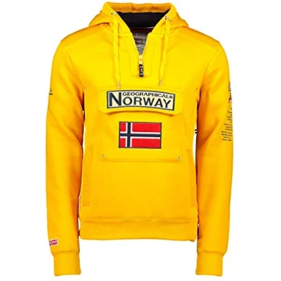 Immagine di Geographical Norway Felpa con cappuccio da uomo, mezza zip e marsupio, a maniche lunghe, produzione BANS per il tempo libero, informale, giallo senape, S