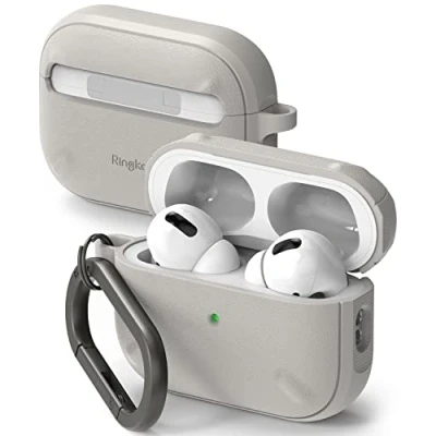 Immagine di Ringke Onyx Compatibile con Cover AirPods Pro 2, Custodia Antiurto Robusta Strutturato TPU Moschettone Portachiavi Warm Gray Grigio