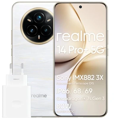 Immagine di realme 14 Pro+ 5G Smartphone, Cellulare Android, 8+ 256 GB, 6.83&quot;, Fotocamera Sony OIS da 50 MP, Design che Cambia Colore Sensibile al Freddo, IP69, Display a 120 Hz, 5260 mAh, Bianco (con Adattatore)