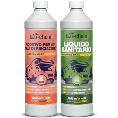 Immagine di Bio Chem Set di 2 prodotti per la pulizia delle toilette camper Liquido sanitario 1L e Additivo Nuova formula con microrganismi le wc portatile roulotte