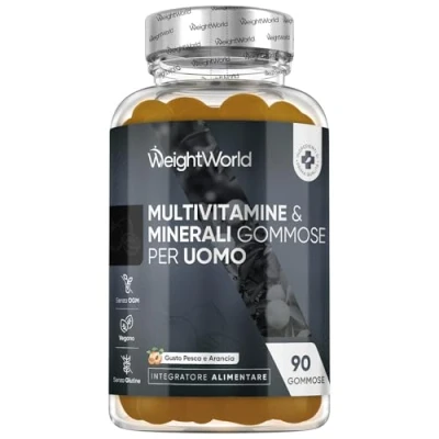 Immagine di Multivitaminico Uomo Gommose Vegan, Gusto Pesca e Arancia, 90 con Maca Nera, Vitamina C, B Complex, Selenio, Zinco Integratore Completo Vitamine Adulti