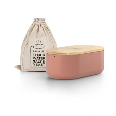 Immagine di LARS NYSØM Portapane in metallo con sacchetto di lino per una freschezza duratura I Scatola del pane coperchio bambù alta qualità utilizzabile come tagliere (Brick Red)