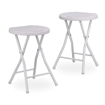 Immagine di Relaxdays Sgabello Pieghevole Bastian, Forma Rotonda, Effetto Rattan, Resistente, HxLxP 45x32,5x29 cm, Bianco