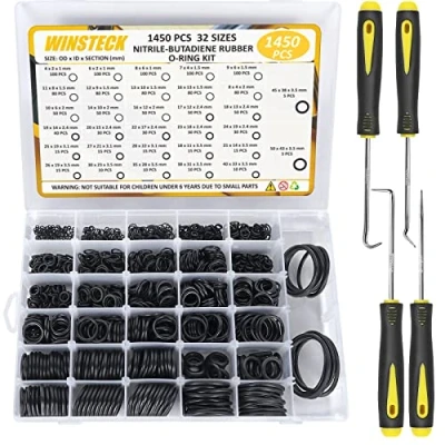 Immagine di 1450 Pezzi O Ring Assortimento Kit, 32 misure Guarnizioni di Tenuta Pressione in Gomma con 4 Pick &amp; Hook Tool, Oring Anelli Kit per Tubo Flessibile, Rubinetti, Automotive, Aria e Gas