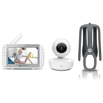 Immagine di Motorola Nursery VM55 Telecamera Babyphone Visione notturna Schermo LCD da 5 pollici Wireless Monitoraggio della temperatura Sistema di comunicazione bidirezionale bianco
