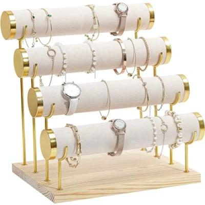 Immagine di ProCase Porta Bracciali a 3 livelli, Espositore per Braccialetti con Case in Legno, Organizer Orologi Beige