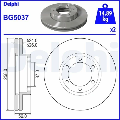Immagine di DELPHI BG5037 Disco freno 258 26 6 ventilato Oleato non trattato senza cuscinetto ruota, anello sensore ABS