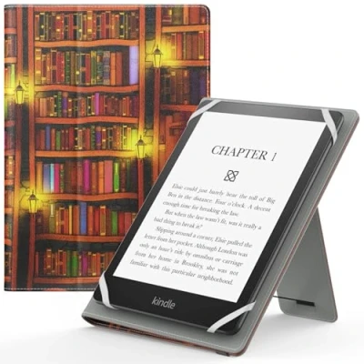 Immagine di MoKo Custodia Cover Universale Compatibile con e Lettore Kindle/Kobo/Voyaga/Lenovo/Sony/Tolino da 6&quot;, 6,8&quot; 7&quot;, in Pelle PU Chiusura di Elastico, Doppio Supporto Manico, Libreria retrò