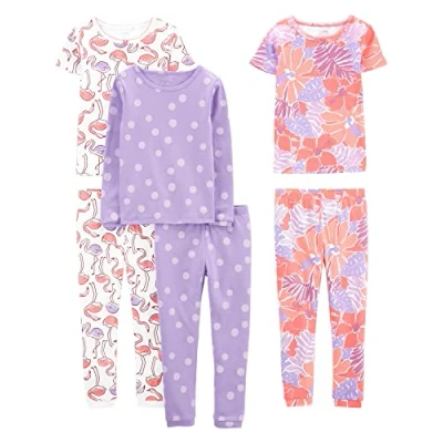 Immagine di Simple Joys by Carter&#039;s 6 Piece Snug Fit Cotton Pajama Set Pigiama, Bianco Fenicotteri/Lilla Pois/Floreale, 9 Mesi (Pacco da 3) Bimba