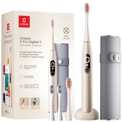 Immagine di Oclean X Pro Digital Spazzolino Elettrico, 3 Modalità, 4 Testine e custodia da viaggio, con Schermo a colori, Timer app, Supporto parete raffinato, Oro