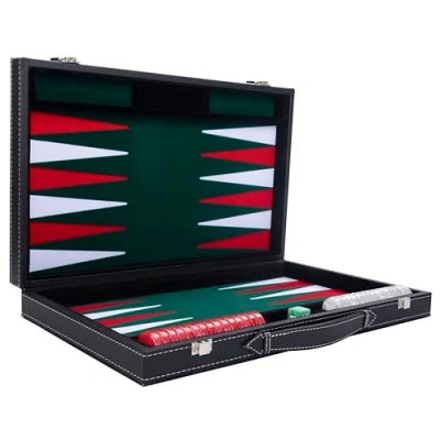 Immagine di Engelhart 250508 Backgammon di Lusso 38 cm Materiali Alta Qualità Pelle Similpelle, Intarsio Speciale in Feltro Dadi e Gettoni Perlati + 2 Tazze Pro. Tempo Libero (Verde)
