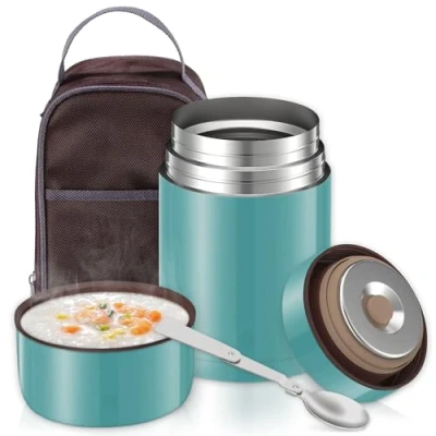 Immagine di Contenitore Termico per Alimenti Caldi 800ML, Thermos in Acciaio Inox con Sacchetto Isolante e Cucchiaio Pieghevole,Portavivande Pranzo,All&#039;aperto, Verde Acquatico