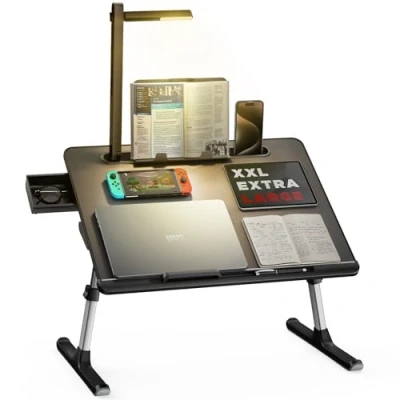 Immagine di Tavolino da letto, Tavolo letto SAIJI con lampada a LED, regolabile in altezza, supporto per libri, cassetto, ferma strappo, vano tablet (Nero)