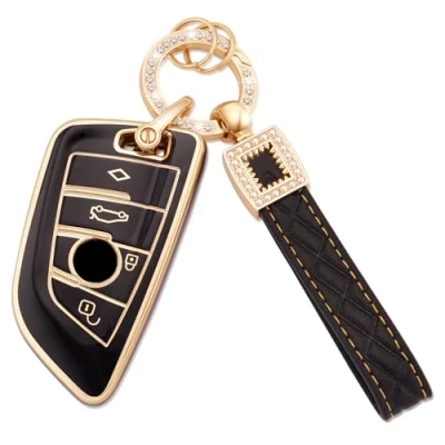 Immagine di Koaudb Cover Portachiavi Auto per BMW Custodia Morbida in TPU a Protezione Completa con Pelle Cordino Adatto X1 X2 X3 X5 X6 2 5 6 7 Serie 3 4 Pulsanti Smart Key(BP BM 4D)