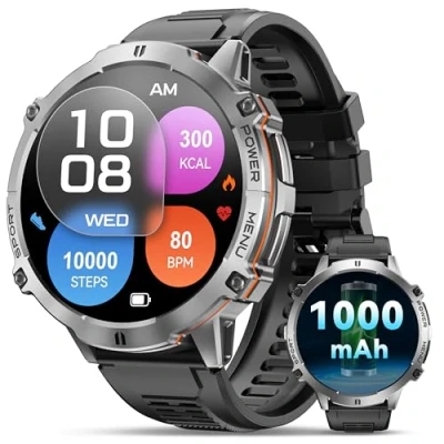 Immagine di OUKITEL Orologio Smartwatch Uomo BT13 Militare Smart Watch Tracker Attività con Chiamate Bluetooth 1000mAh 1.73&quot; AMOLED 100+ Sportive IP68 Impermeabile Cardiofrequenzimetro/SpO2 per Android iOS