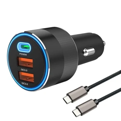 Immagine di Hoembpn 66W Adattatore Presa Accendisigari USB C Caricatore Auto PD30W + Dual QC 3.0 18W,Adattatore Carica Batteria con 1m Cavo 3A