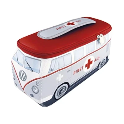 Immagine di BRISA VW Collection Volkswagen Beauty case da viaggio in Neoprene, porta oggetti con manico, Campervan Bus T1 design (Primo Soccorso/Grigio/Piccolo)